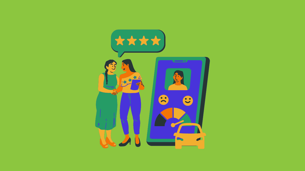 Imagem em forma de desenho com duas mulheres conversando e um celular do mesmo tamanho delas ao lado. Os elementos estão em tons de verde lima um pouco fechado, roxo e amarelo.