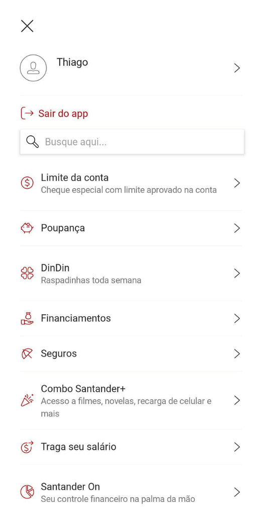 menu de três listras app Santander